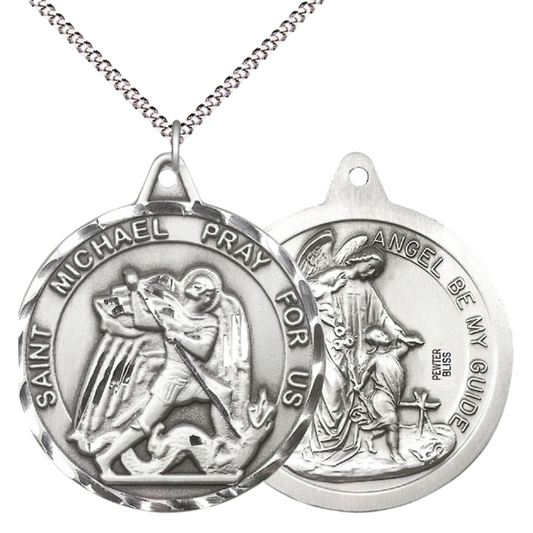 Mens Large Round Pewter Saint St. Michael/Guardian Angel Medal Pendant on 24 inch Endless Rhodium Plated Heavy Curb Brass Chain, Catholic Religious Necklace - Made in USA- Deluxe Velvet Gift Box
