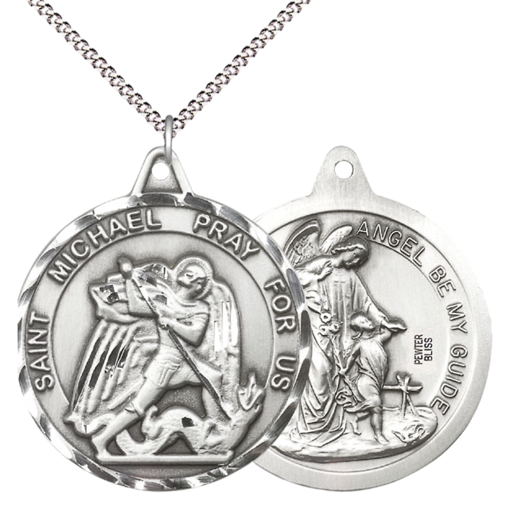 Mens Large Round Pewter Saint St. Michael/Guardian Angel Medal Pendant on 24 inch Endless Rhodium Plated Heavy Curb Brass Chain, Catholic Religious Necklace - Made in USA- Deluxe Velvet Gift Box