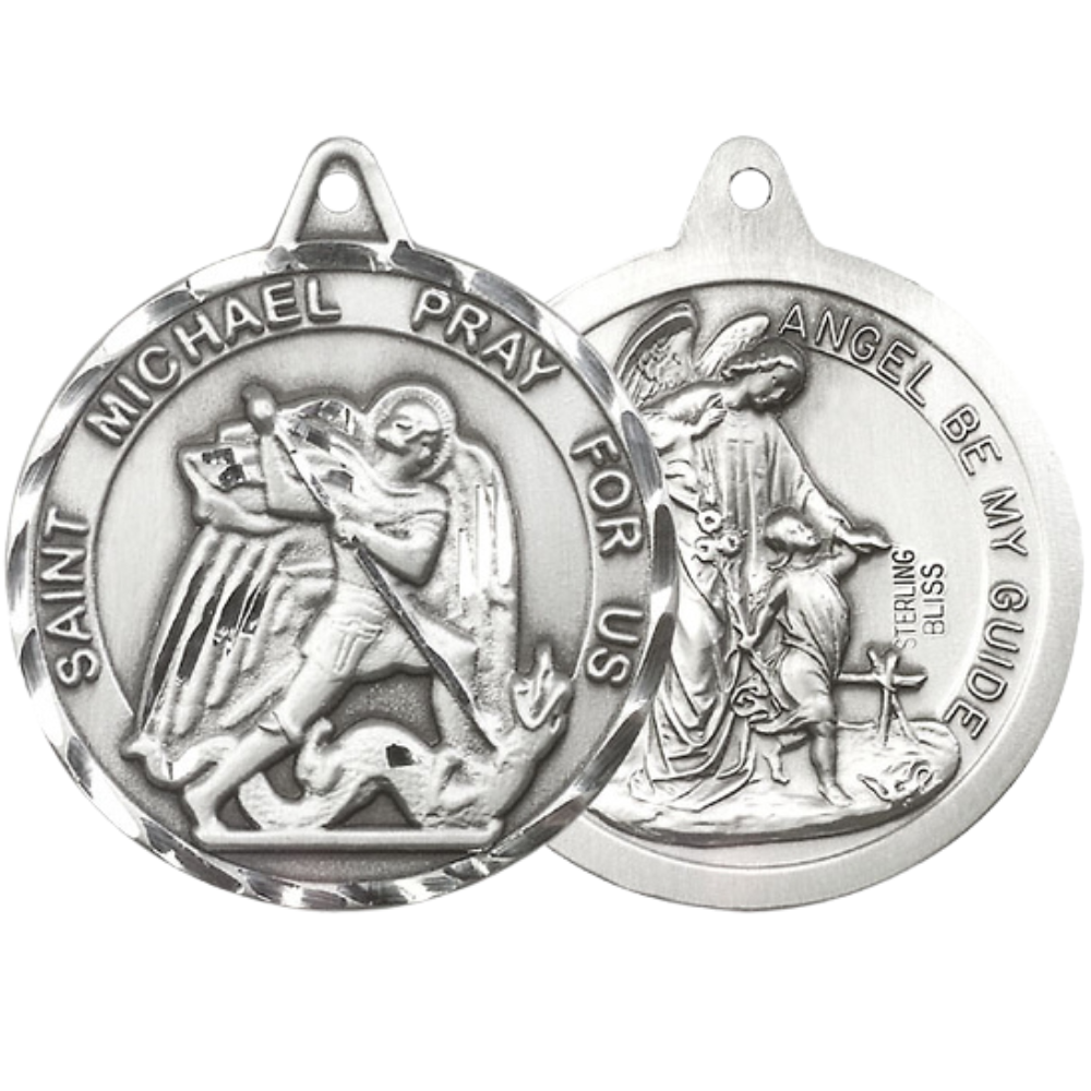 .925 Sterling Silver St. Michael/Guardian Angel Medal Pendant on 24 Inch Endless Rhodium Plated Heavy Curb Chain -Catholic Religious Necklace Made in USA,Deluxe Velvet Gift Box