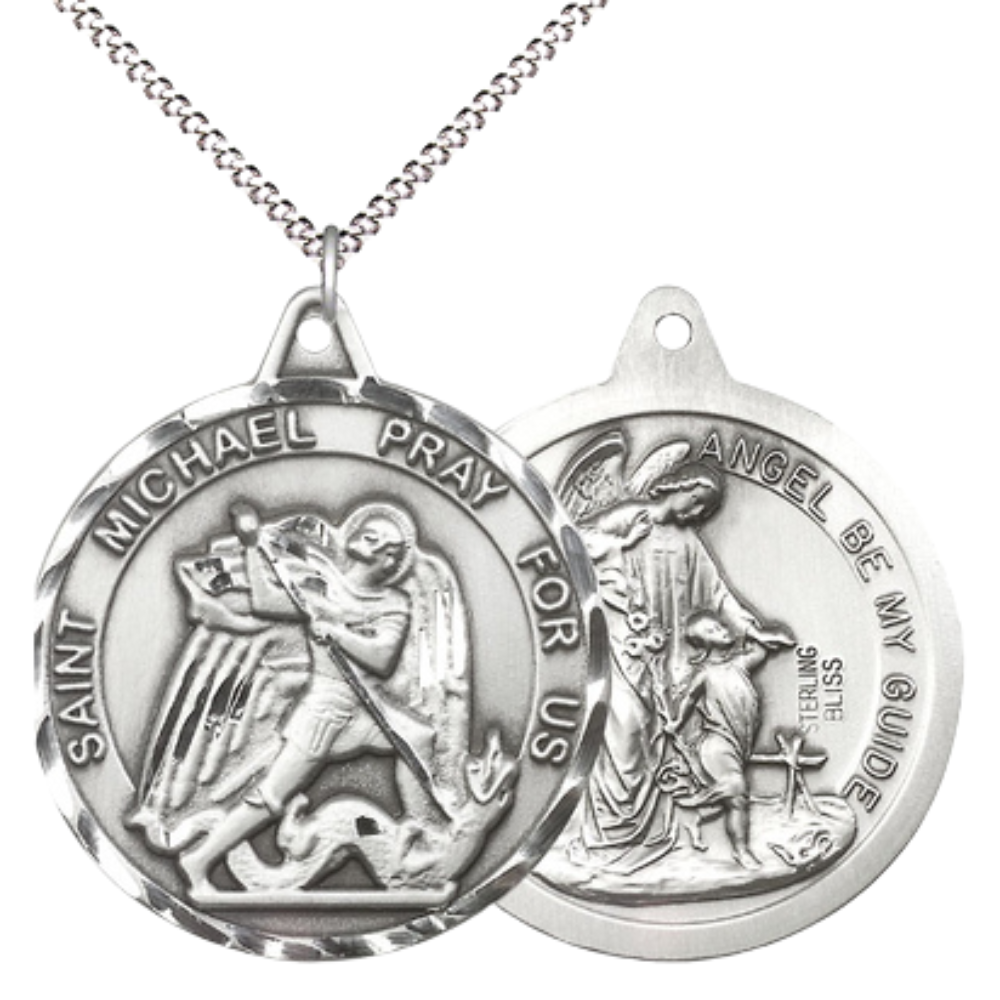 Everlasting Light Jewelry .925 Sterling Silver Saint St. Michael/Guardian Angel Medal Pendant on 18 Inch Rhodium Plated Lite Curb Brass Chain - Catholic Religious Necklace Made in USA, Deluxe Velvet Gift Box