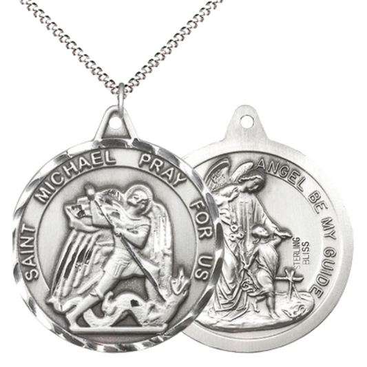 Everlasting Light Jewelry .925 Sterling Silver Saint St. Michael/Guardian Angel Medal Pendant on 18 Inch Rhodium Plated Lite Curb Brass Chain - Catholic Religious Necklace Made in USA, Deluxe Velvet Gift Box