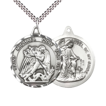 Mens Round .925 Sterling Silver Saint St. Michael/Guardian Angel Medal Pendant on 24 Inch Rhodium Plated Heavy Curb Brass Chain w/ Lobster Claw Clasp, Catholic Religious Necklace- USA Made Gift Boxed