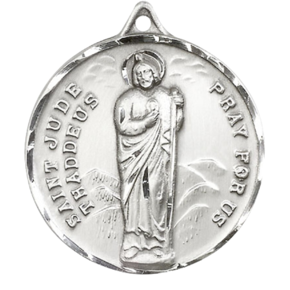 Mens Large Round .925 Sterling Silver Saint St. Jude Medal Pendant on 24 inch Rhodium Plated Heavy Curb Brass Chain with Lobster Claw Clasp, Catholic Religious Necklace- USA Made Velvet Gift Box