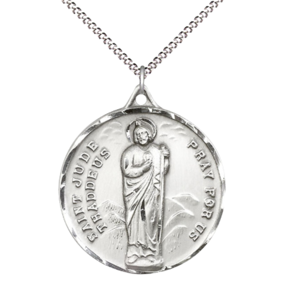 Everlasting Light Jewelry .925 Sterling Silver Saint St. Jude Medal Pendant on 18 Inch Rhodium Plated Lite Curb Brass Chain - Catholic Religious Necklace Made in USA, Deluxe Velvet Gift Box