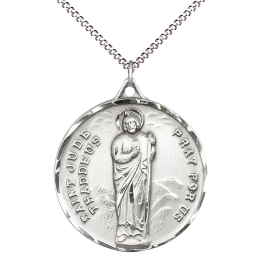Everlasting Light Jewelry .925 Sterling Silver Saint St. Jude Medal Pendant on 18 Inch Rhodium Plated Lite Curb Brass Chain - Catholic Religious Necklace Made in USA, Deluxe Velvet Gift Box