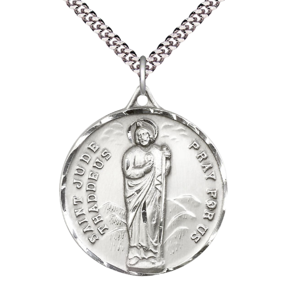 Everlasting Light Jewelry .925 Sterling Silver Saint St. Jude Medal Pendant on 24 Inch Endless Rhodium Plated Heavy Curb Chain - Catholic Religious Necklace Made in USA, Deluxe Velvet Gift Box