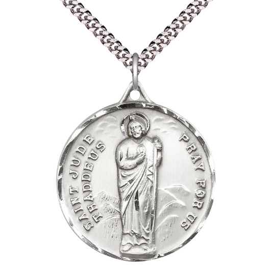 Mens Large Round .925 Sterling Silver Saint St. Jude Medal Pendant on 24 inch Rhodium Plated Heavy Curb Brass Chain with Lobster Claw Clasp, Catholic Religious Necklace- USA Made Velvet Gift Box