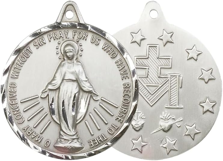 Mens Large Round .925 Sterling Silver Miraculous Medal Pendant on 24 inch Rhodium Plated Heavy Curb Brass Chain with Lobster Claw Clasp, Catholic Religious Necklace- USA Made Velvet Gift Box