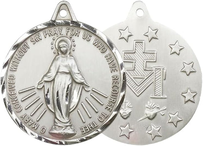 Mens Large Round .925 Sterling Silver Miraculous Medal Pendant on 24 inch Rhodium Plated Heavy Curb Brass Chain with Lobster Claw Clasp, Catholic Religious Necklace- USA Made Velvet Gift Box