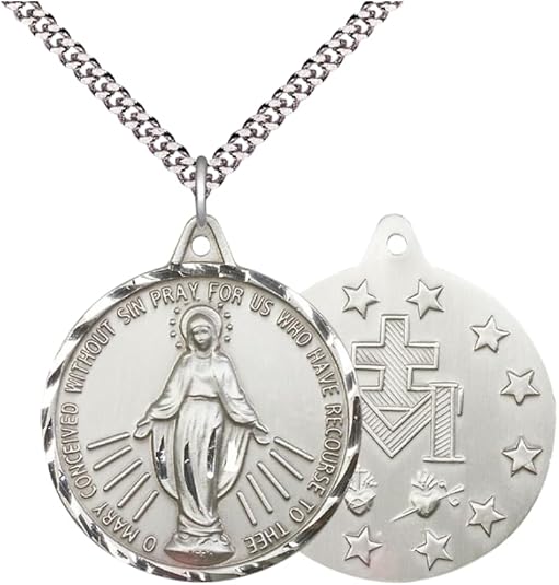 Mens Large Round .925 Sterling Silver Miraculous Medal Pendant on 24 inch Rhodium Plated Heavy Curb Brass Chain with Lobster Claw Clasp, Catholic Religious Necklace- USA Made Velvet Gift Box