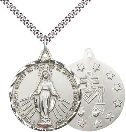 Mens Large Round .925 Sterling Silver Miraculous Medal Pendant on 24 inch Rhodium Plated Heavy Curb Brass Chain with Lobster Claw Clasp, Catholic Religious Necklace- USA Made Velvet Gift Box