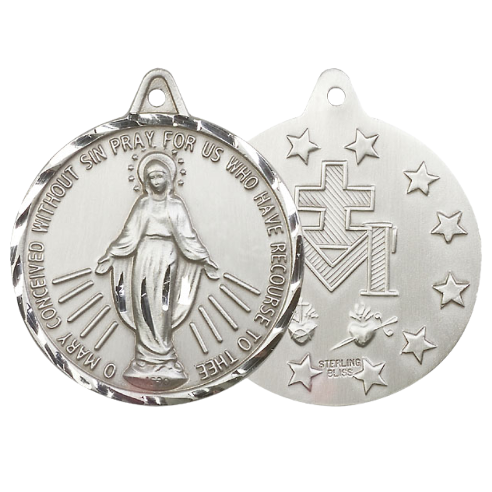 Everlasting Light Jewelry .925 Sterling Silver Miraculous Medal Pendant (1 3/8 x 1 1/4") on 18 Inch Rhodium Plated Lite Curb Brass Chain - Made in USA, Catholic Medal, Deluxe Velvet Gift Box Included