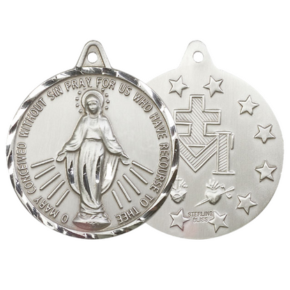 Everlasting Light Jewelry .925 Sterling Silver Miraculous Medal Pendant (1 3/8 x 1 1/4") on 18 Inch Rhodium Plated Lite Curb Brass Chain - Made in USA, Catholic Medal, Deluxe Velvet Gift Box Included