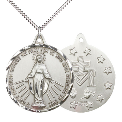 Everlasting Light Jewelry .925 Sterling Silver Miraculous Medal Pendant (1 3/8 x 1 1/4") on 18 Inch Rhodium Plated Lite Curb Brass Chain - Made in USA, Catholic Medal, Deluxe Velvet Gift Box Included