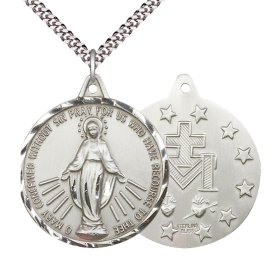 Everlasting Light Jewelry .925 Sterling Silver Miraculous Medal Pendant (1 3/8 x 1 1/4") on 24 Inch Endless Rhodium Plated Heavy Curb Chain -Made in USA, Deluxe Velvet Gift Box