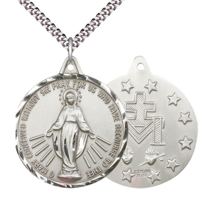 Everlasting Light Jewelry .925 Sterling Silver Miraculous Medal Pendant (1 3/8 x 1 1/4") on 24 Inch Endless Rhodium Plated Heavy Curb Chain -Made in USA, Deluxe Velvet Gift Box