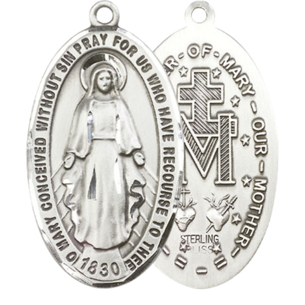 Everlasting Light Jewelry Pewter Miraculous Medal Pendant on 18 Inch Rhodium Plated Lite Curb Brass Chain - Catholic Religious Necklace Made in USA, Deluxe Velvet Gift Box Included