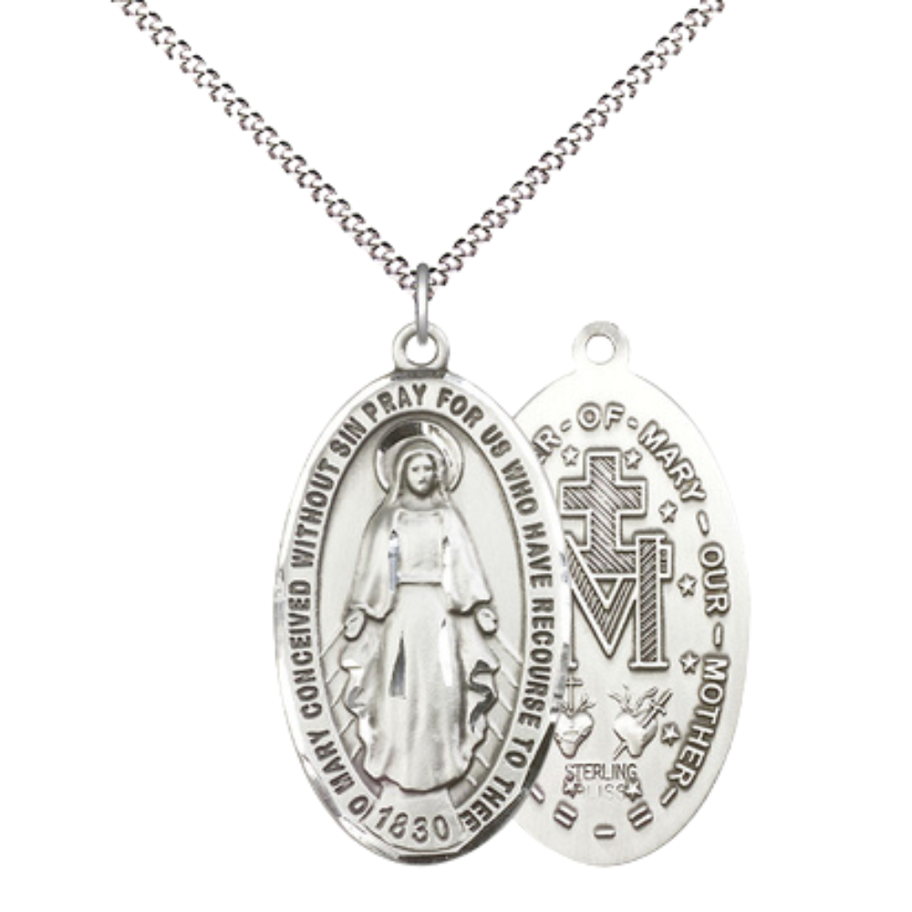 Everlasting Light Jewelry Pewter Miraculous Medal Pendant on 18 Inch Rhodium Plated Lite Curb Brass Chain - Catholic Religious Necklace Made in USA, Deluxe Velvet Gift Box Included