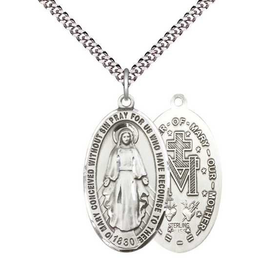 Everlasting Light Jewelry Pewter Miraculous Medal Pendant on 24 Inch Endless Rhodium Plated Heavy Curb Chain - Catholic Religious Necklace Made in USA, Deluxe Velvet Gift Box Included