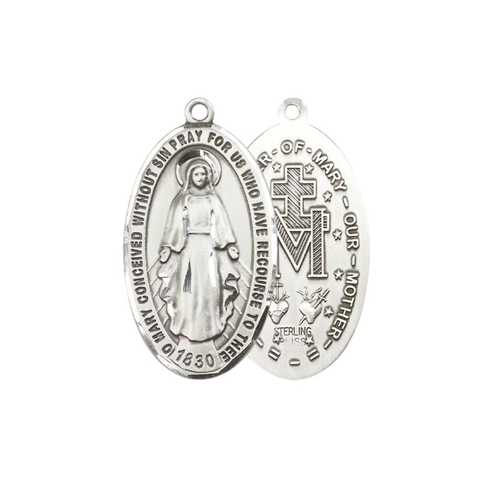 Mens Large Oval .925 Sterling Silver Miraculous Medal Pendant on 24 inch Endless Rhodium Plated Heavy Curb Brass Chain, Catholic Religious Necklace -Made in USA- Deluxe Velvet Gift Box