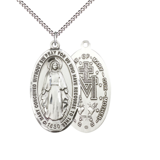 Womens Large Oval .925 Sterling Silver Miraculous Medal Pendant on 18 inch Rhodium Plated Lite Curb Brass Chain with Lobster Claw Clasp, Catholic Religious Necklace- USA Made Velvet Gift Box