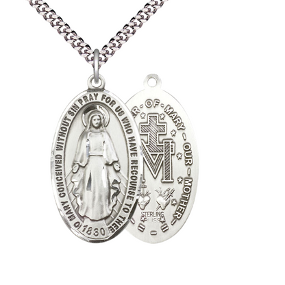 Mens Large Oval .925 Sterling Silver Miraculous Medal Pendant on 24 inch Endless Rhodium Plated Heavy Curb Brass Chain, Catholic Religious Necklace -Made in USA- Deluxe Velvet Gift Box