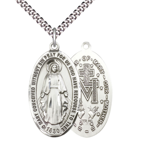 Mens Large Oval .925 Sterling Silver Miraculous Medal Pendant on 24 inch Endless Rhodium Plated Heavy Curb Brass Chain, Catholic Religious Necklace -Made in USA- Deluxe Velvet Gift Box
