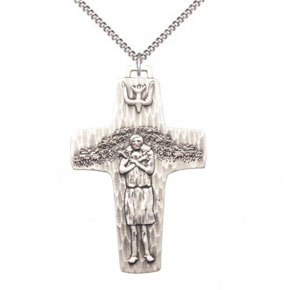 Everlasting Light Jewelry .925 Sterling Silver Papal Crucifix Medal Pendant on 18 Inch Rhodium Plated Lite Curb Brass Chain - Catholic Religious Necklace Made in USA, Deluxe Velvet Gift Box