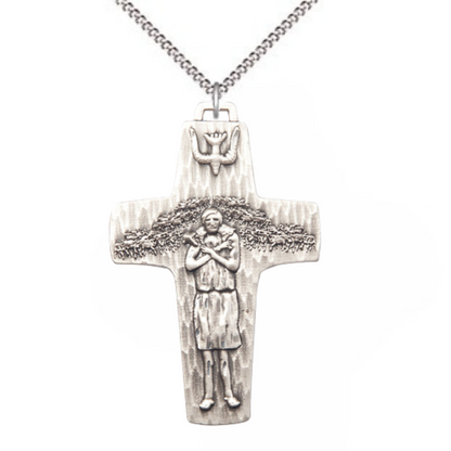 Everlasting Light Jewelry .925 Sterling Silver Papal Crucifix Medal Pendant on 18 Inch Rhodium Plated Lite Curb Brass Chain - Catholic Religious Necklace Made in USA, Deluxe Velvet Gift Box