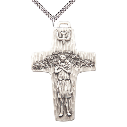 Everlasting Light Jewelry .925 Sterling Silver Papal Crucifix Medal Pendant on 24 Inch Endless Rhodium Plated Heavy Curb Chain - Catholic Religious Necklace Made in USA, Deluxe Velvet Gift Box