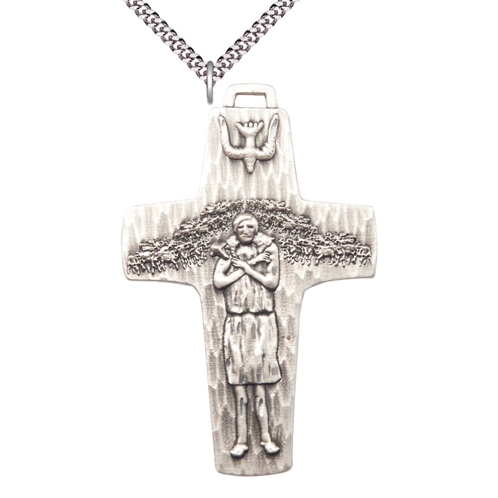 Everlasting Light Jewelry .925 Sterling Silver Papal Crucifix Medal Pendant on 24 Inch Endless Rhodium Plated Heavy Curb Chain - Catholic Religious Necklace Made in USA, Deluxe Velvet Gift Box