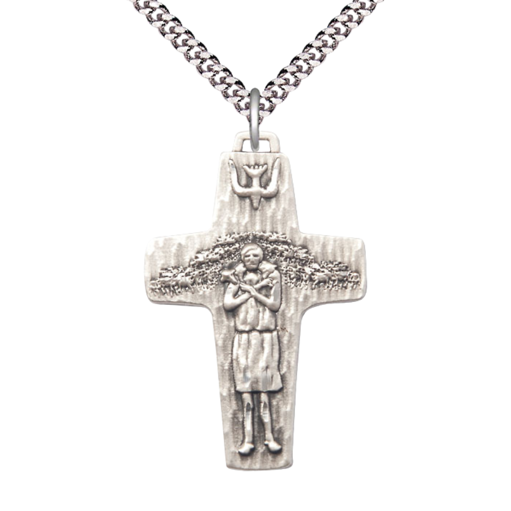 Everlasting Light Jewelry .925 Sterling Silver Papal Crucifix Medal Pendant on 24 Inch Endless Rhodium Plated Heavy Curb Chain - Catholic Religious Necklace Made in USA, Deluxe Velvet Gift Box
