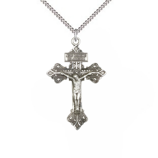 Everlasting Light Jewelry .925 Sterling Silver Crucifix Medal Pendant on 24 Inch Endless Rhodium Plated Heavy Curb Chain - Catholic Religious Necklace Made in USA, Deluxe Velvet Gift Box