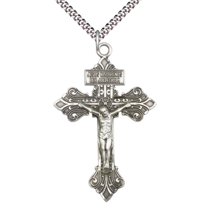 Everlasting Light Jewelry .925 Sterling Silver Crucifix Medal Pendant on 18 Inch Rhodium Plated Lite Curb Brass Chain - Catholic Religious Necklace Made in USA, Deluxe Velvet Gift Box