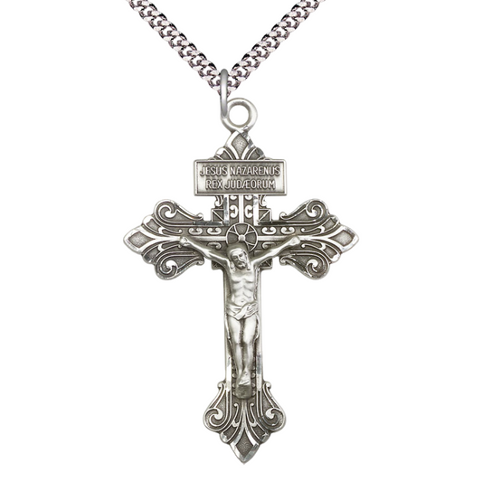 Everlasting Light Jewelry .925 Sterling Silver Crucifix Medal Pendant on 18 Inch Rhodium Plated Lite Curb Brass Chain - Catholic Religious Necklace Made in USA, Deluxe Velvet Gift Box