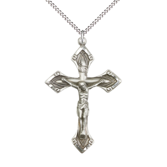 Everlasting Light Jewelry .925 Sterling Silver Crucifix Medal Pendant on 24 Inch Endless Rhodium Plated Heavy Curb Chain - Catholic Religious Necklace Made in USA, Deluxe Velvet Gift Box Included