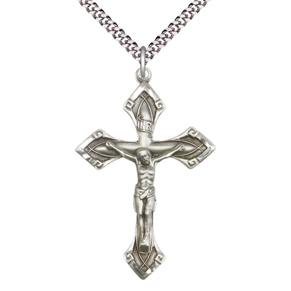 Womens Large Cross .925 Sterling Silver Crucifix Medal Pendant on 18 inch Rhodium Plated Lite Curb Brass Chain with Lobster Claw Clasp, Catholic Religious Necklace- USA Made Velvet Gift Box