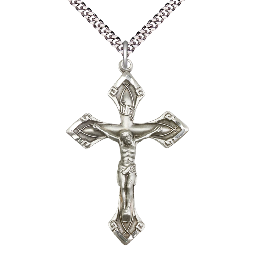 Womens Large Cross .925 Sterling Silver Crucifix Medal Pendant on 18 inch Rhodium Plated Lite Curb Brass Chain with Lobster Claw Clasp, Catholic Religious Necklace- USA Made Velvet Gift Box