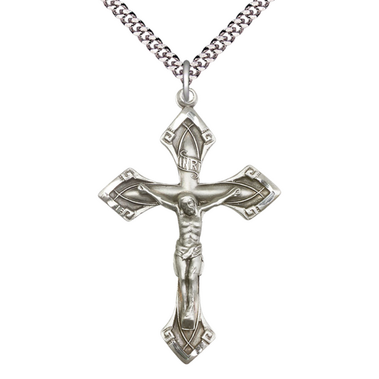 Everlasting Light Jewelry Pewter Crucifix Medal Pendant on 18 Inch Rhodium Plated Lite Curb Brass Chain - Catholic Religious Necklace Made in USA, Deluxe Velvet Gift Box