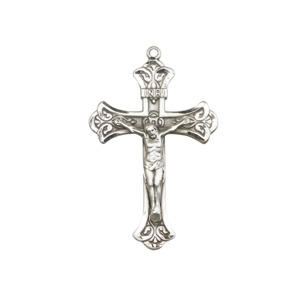 Womens Large Cross Pewter Crucifix Medal Pendant on 18 inch Rhodium Plated Heavy Curb Brass Chain with Lobster Claw Clasp, Catholic Religious Necklace - Made in USA- Deluxe Velvet Gift Box