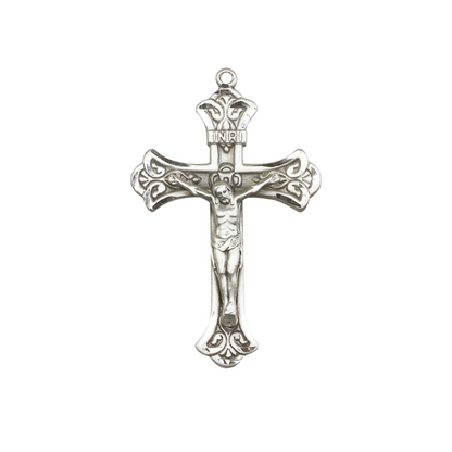 Womens Large Cross Pewter Crucifix Medal Pendant on 18 inch Rhodium Plated Heavy Curb Brass Chain with Lobster Claw Clasp, Catholic Religious Necklace - Made in USA- Deluxe Velvet Gift Box