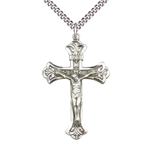Womens Large Cross Pewter Crucifix Medal Pendant on 18 inch Rhodium Plated Heavy Curb Brass Chain with Lobster Claw Clasp, Catholic Religious Necklace - Made in USA- Deluxe Velvet Gift Box