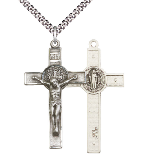 Sterling Silver St. Benedict Crucifix Medal with 24” Light Rhodium Heavy Curb Chain