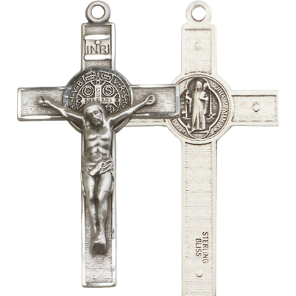 Sterling Silver St. Benedict Crucifix Medal with 24” Light Rhodium Heavy Curb Chain