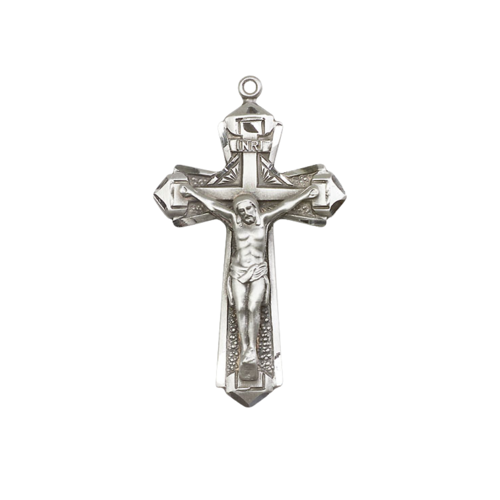 Mens Large Cross .925 Sterling Silver Crucifix Medal Pendant on 24 inch Rhodium Plated Heavy Curb Brass Chain with Lobster Claw Clasp, Catholic Religious Necklace- USA Made Gift Boxed