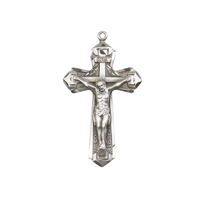Mens Large Cross .925 Sterling Silver Crucifix Medal Pendant on 24 inch Rhodium Plated Heavy Curb Brass Chain with Lobster Claw Clasp, Catholic Religious Necklace- USA Made Gift Boxed