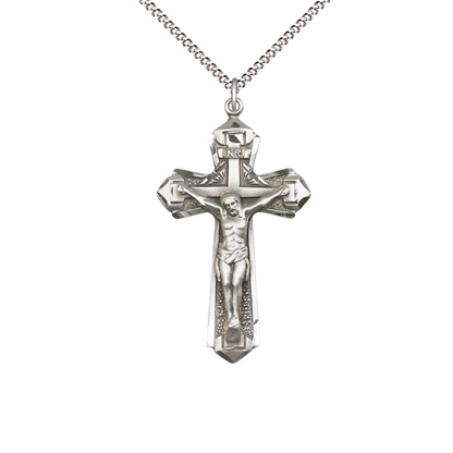 Womens Large Cross .925 Sterling Silver Crucifix Medal Pendant on 18 inch Rhodium Plated Lite Curb Brass Chain with Lobster Claw Clasp, Catholic Religious Necklace- USA Made Velvet Gift Box