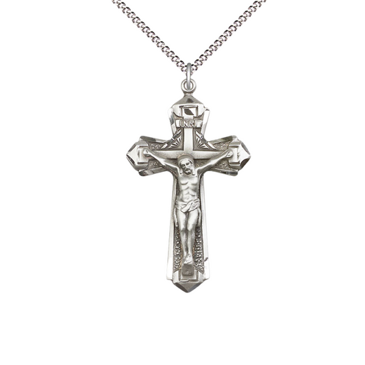 Womens Large Cross .925 Sterling Silver Crucifix Medal Pendant on 18 inch Rhodium Plated Lite Curb Brass Chain with Lobster Claw Clasp, Catholic Religious Necklace- USA Made Velvet Gift Box