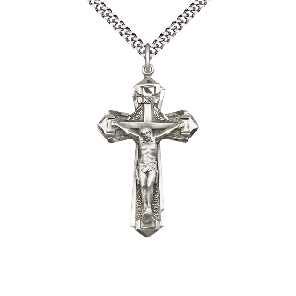 Mens Large Cross .925 Sterling Silver Crucifix Medal Pendant on 24 inch Rhodium Plated Heavy Curb Brass Chain with Lobster Claw Clasp, Catholic Religious Necklace- USA Made Gift Boxed