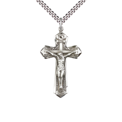 Mens Large Cross .925 Sterling Silver Crucifix Medal Pendant on 24 inch Rhodium Plated Heavy Curb Brass Chain with Lobster Claw Clasp, Catholic Religious Necklace- USA Made Gift Boxed
